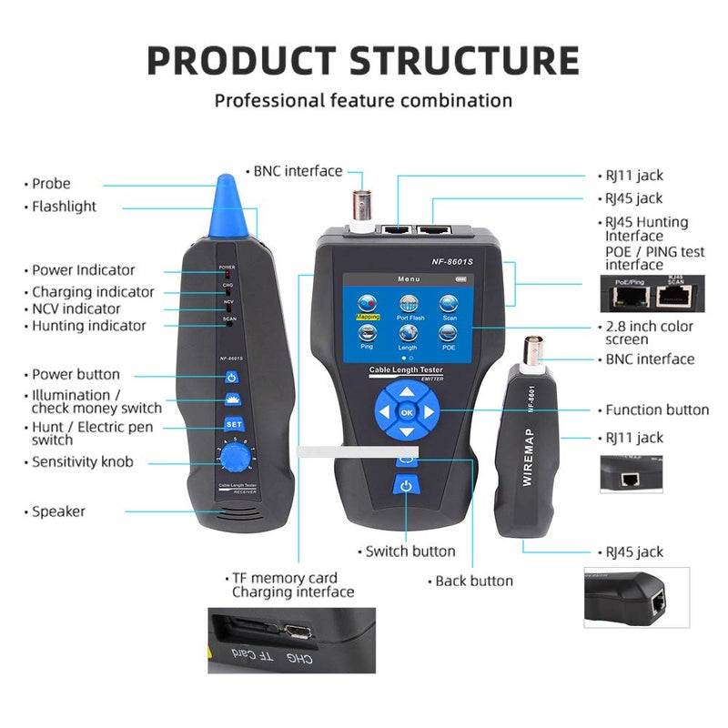 NOYAFA Network Cable Tester,AT278 TDR Multi-functional LCD Tracker For RJ45, RJ11, BNC, Metal Cable,PING/POE NF-8601S - Image 2